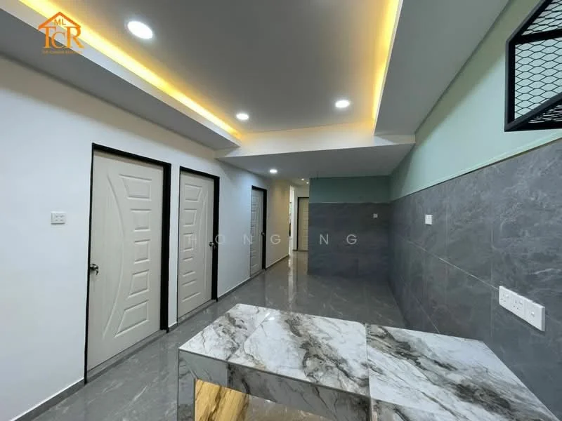 Room features: grey marble tile flooring, white painted walls, recessed LED downlights, ceiling with cove lighting, two-panel white doors, grey tiled wall, open layout, corner countertop with marble surface; style: modern.