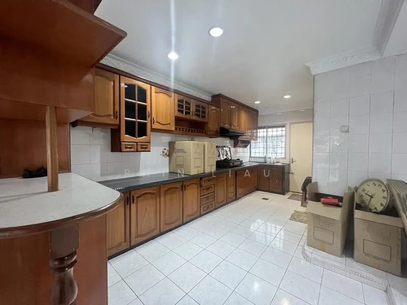 Kitchen features: brown wooden cabinetry, black countertop, white tiled backsplash, built-in oven, stainless-steel sink, chrome pull-down faucet, ceramic tile flooring, recessed downlights, window with grille, kitchen island with seating, microwave, dishwasher, fridge, open shelving, wall-mounted cabinets; style: traditional.