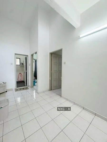 Room features: white painted walls, white ceiling, tile flooring, fluorescent lighting, doorway leading to another room, doorway leading to bathroom, open space layout; style: modern.