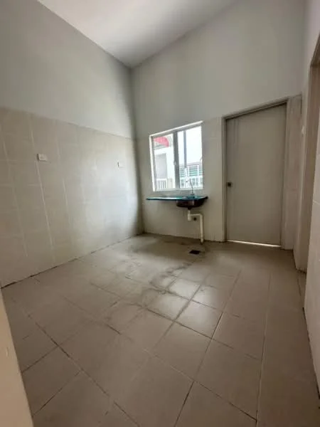 Laundry features: light grey painted walls, white tiled walls, light grey tiled flooring, single window, door, sink with faucet, countertop, drainage outlet.