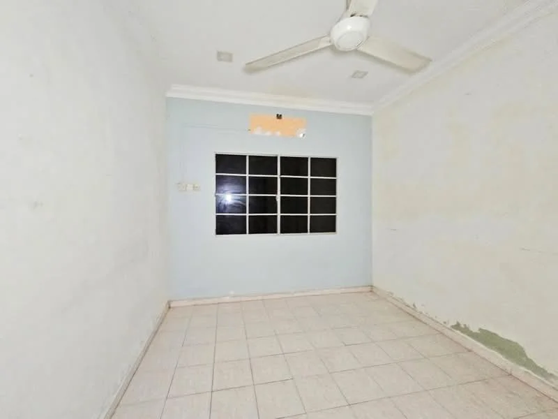 Room features: white painted walls, light grey accent wall, tile flooring, ceiling fan, large window with multiple panes, no visible furniture, minimal decor, crown moulding.