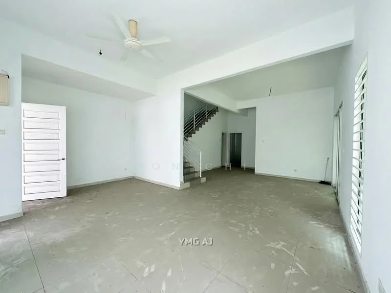 Room features: white painted walls, plain ceiling, 5-blade ceiling fan, floor-to-ceiling windows, sliding glass door, light-colored tile flooring, open layout, staircase visible; style: modern.