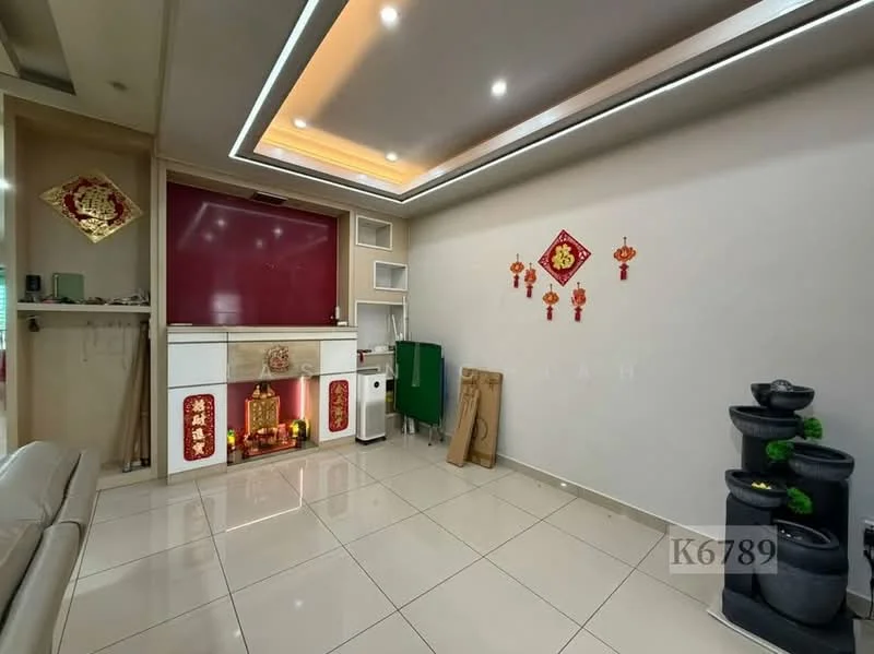 Living features: white painted walls, glossy tile flooring, recessed ceiling lights, LED strip lighting, decorative wall with red accents, built-in cabinetry, small indoor water feature, decorative ornaments, wall-mounted decorations, green potted plants; style: modern.
