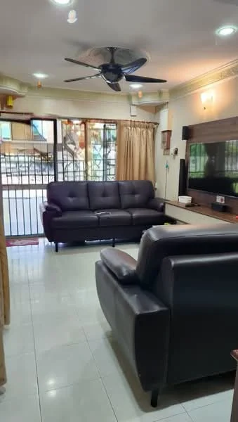 Living features: 3-seater fabric sofa in dark grey, 2-seater leather sofa in black, ceiling fan with light, wall-mounted TV, TV console, glass sliding door, curtains, tile flooring, recessed lighting, decorative wall paneling; style: modern.