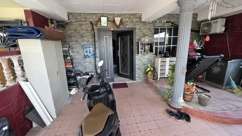 Exterior type: semi-detached house; features: tiled flooring, brick wall cladding, grey painted facade, double-door main entrance, decorative pillars, wall-mounted air conditioning unit, storage cabinet, motorcycle parking, potted plants, outdoor lighting, open space layout; style: modern.