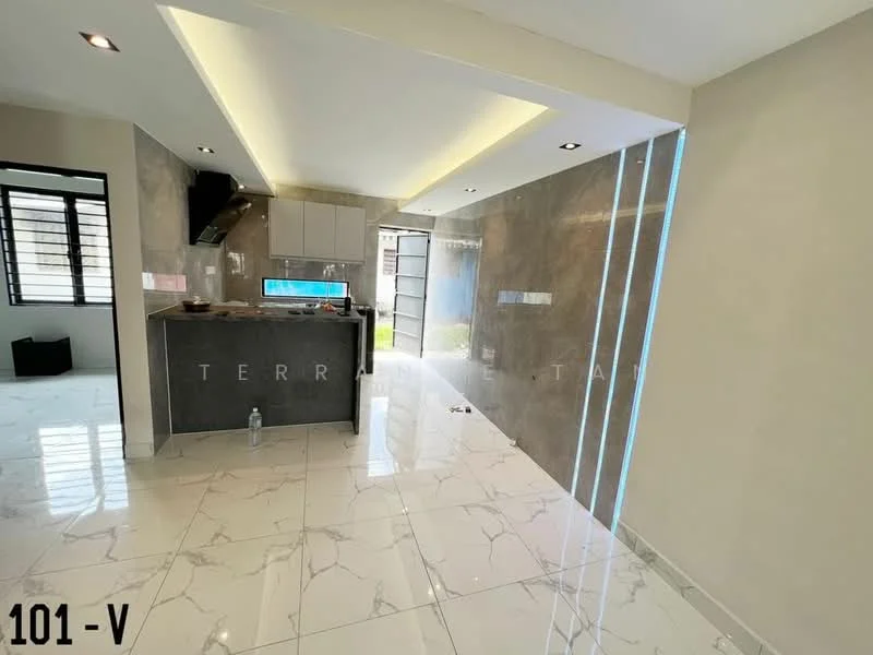 Kitchen features: marble tile flooring, white painted walls, grey accent wall, recessed downlights, kitchen cabinets with flat-panel design, stainless-steel sink, built-in oven, cooktop, extractor hood, window with grid design, open layout to living area; style: modern. Living features: marble tile flooring, white painted walls, recessed downlights, large window, open layout to kitchen; style: modern.