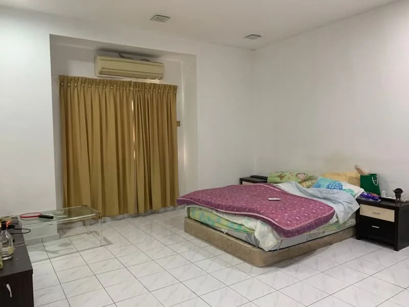 Bedroom features: queen-size bed with purple bedding, wooden bedside tables, glass coffee table, white tiled flooring, cream curtains, wall-mounted air conditioning unit, white painted walls, ceiling lights.