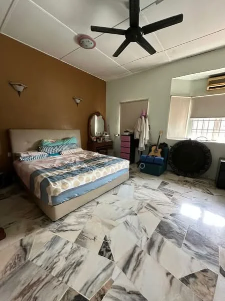 Bedroom features: king-size bed with patterned bedding, marble tile flooring, brown accent wall, light green painted walls, ceiling fan with light, wall-mounted sconces, dressing mirror, built-in wardrobe, window with blinds, decorative items on the floor; style: modern.