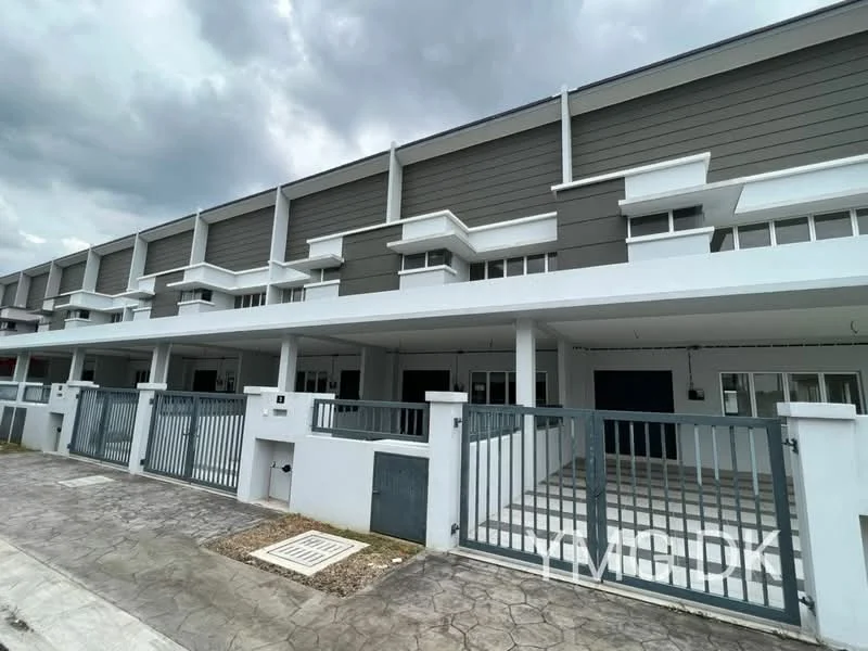 Exterior type: linked terrace house; features: grey painted facade, white trim, multiple recessed balconies, two-storey structure, gated entrance, concrete driveway, manicured lawn, paved walkway, modern architectural design, large windows, security gate; style: modern.