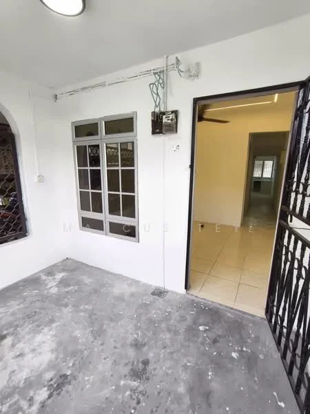 Room features: white painted walls, grey tiled flooring, metal grille door, window with multiple panes, ceiling light fixture, exposed electrical wiring, open layout, no visible furniture; style: modern.