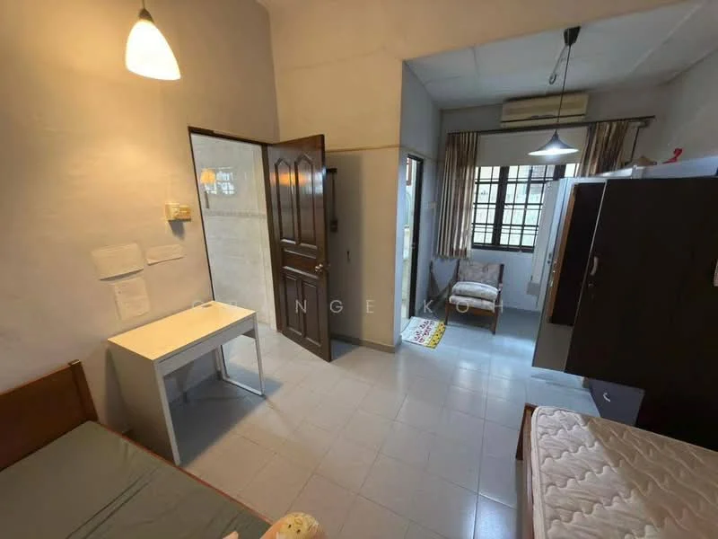 Bedroom features: single bed with mattress, wooden bed frame, study desk with chair, wardrobe with sliding doors, window with curtains, air conditioning unit, light fixture, tile flooring, neutral wall color; style: minimalist.