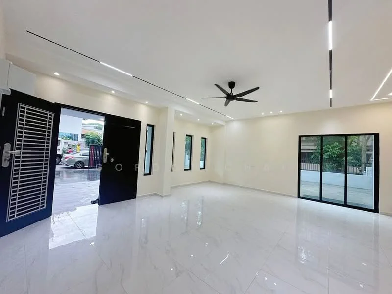 Living features: white painted walls, polished marble flooring, 5-blade ceiling fan with light, recessed LED downlights, floor-to-ceiling windows, sliding glass door, black front door, multiple windows, open layout, natural light; style: modern; view: garden.
