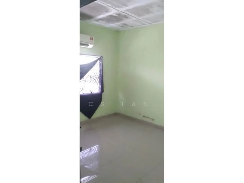Room features: green painted walls, polished tile flooring, 1 wall-mounted split AC, window with black curtain, ceiling with visible tiles.