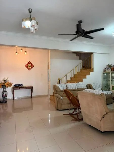 Living features: cream painted walls, glossy tile flooring, 5-blade ceiling fan with light, chandelier with multiple bulbs, sofa set in beige, recliner chair, wooden staircase, decorative wall art, potted plants, side table, glass display cabinet; style: modern.