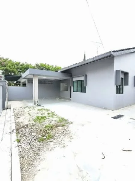 Exterior type: detached bungalow; features: grey painted facade, flat roof, single-storey, manicured lawn, paved driveway, large windows, outdoor patio area, surrounded by greenery; style: modern.