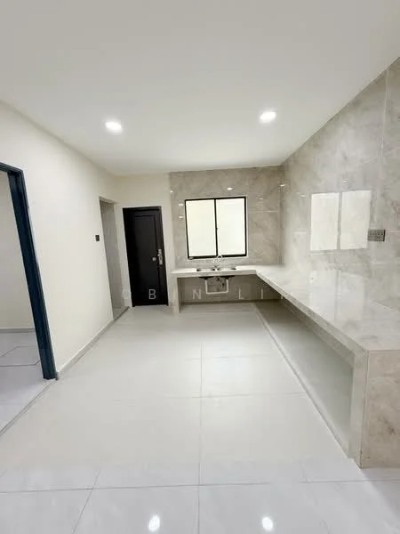 Bathroom features: white tiled flooring, light grey marble wall cladding, single-bowl sink, chrome faucet, large window, wall-mounted mirror, built-in countertop, recessed LED downlights; style: modern.