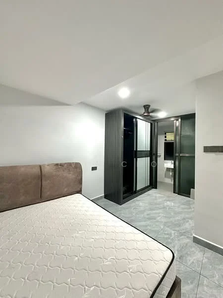 Bedroom features: queen-size bed, upholstered headboard, built-in wardrobe with sliding doors, grey tiled flooring, recessed downlights, ceiling fan, white painted walls, mirror on wardrobe; style: modern.