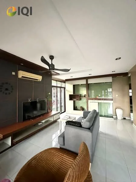 Living features: grey fabric sofa, 3-seater sofa, coffee table, wall-mounted TV, TV console, ceiling fan with light, wall-mounted air conditioning unit, sliding glass door, floor-to-ceiling windows, white tiled flooring, decorative wall paneling, open layout to kitchen, natural light from windows; style: modern.
