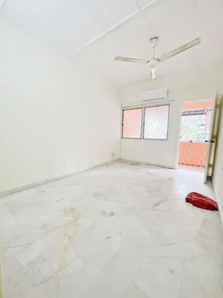 Room features: white painted walls, marble flooring, ceiling fan, window with security grille, air conditioning unit, sliding door to balcony, light fixture on ceiling.
