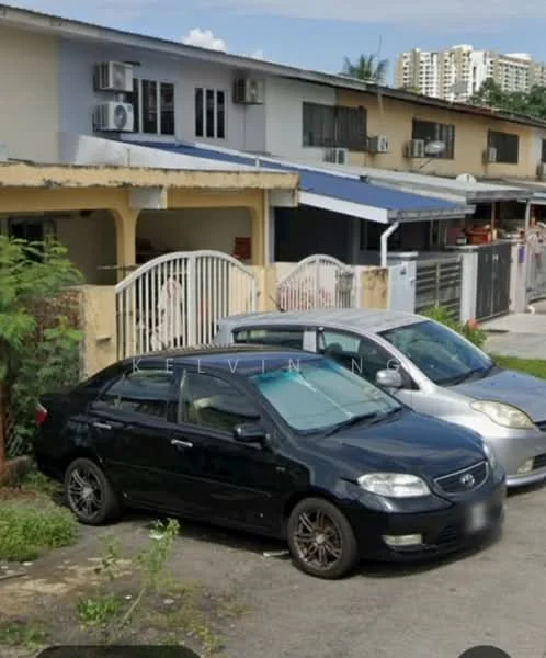 Exterior type: linked terrace house; features: two-storey building, white painted facade, blue awning, front gate, manicured lawn, multiple wall-mounted split AC units, driveway, parking space, surrounded by greenery; style: modern.