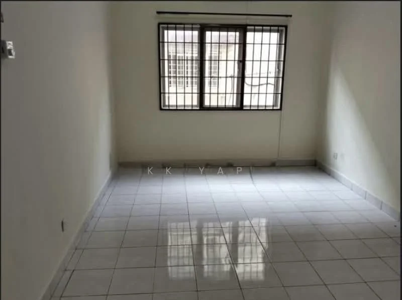 Room features: white painted walls, glossy ceramic tile flooring, square grid window with metal bars, neutral color scheme, no visible furniture or decor; style: minimalist.