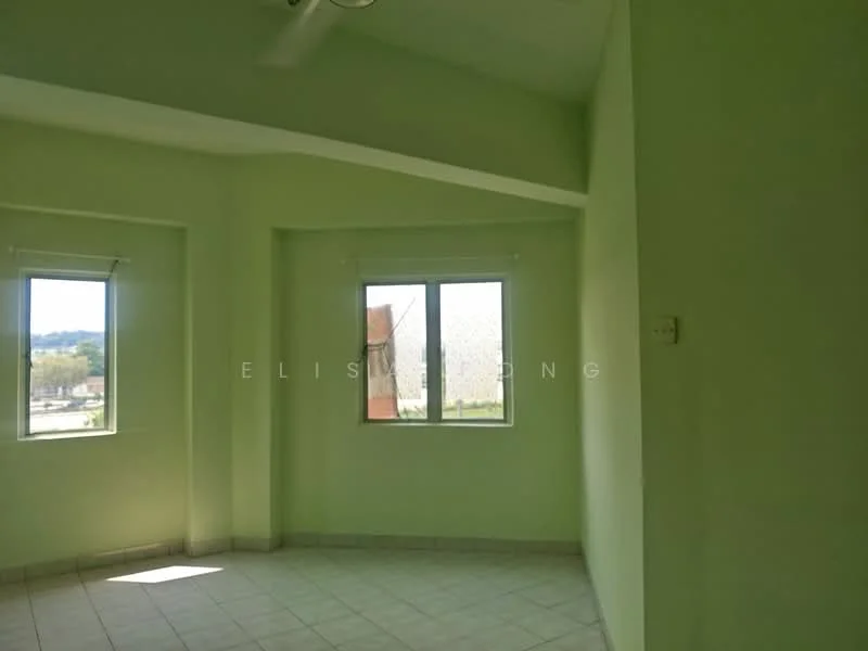 Room features: green painted walls, floor-to-ceiling windows, tile flooring, ceiling fan, natural light, corner room, views of surrounding area.