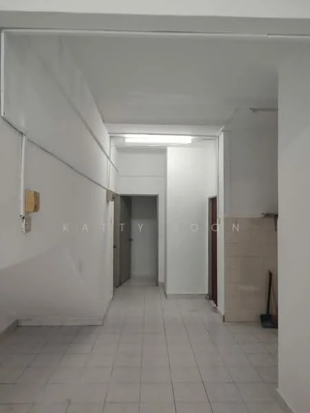 Room features: white painted walls, tile flooring, fluorescent ceiling lights, doorway leading to other rooms, empty space, neutral color scheme; style: minimalist.