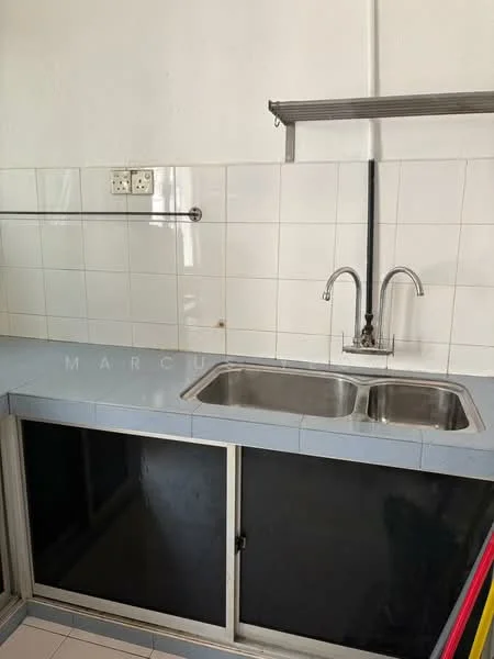 Kitchen features: double-bowl stainless-steel sink, chrome pull-down faucet, white tiled backsplash, grey countertop, black cabinetry, open shelving above sink, floor tiles, wall-mounted plumbing fixtures.