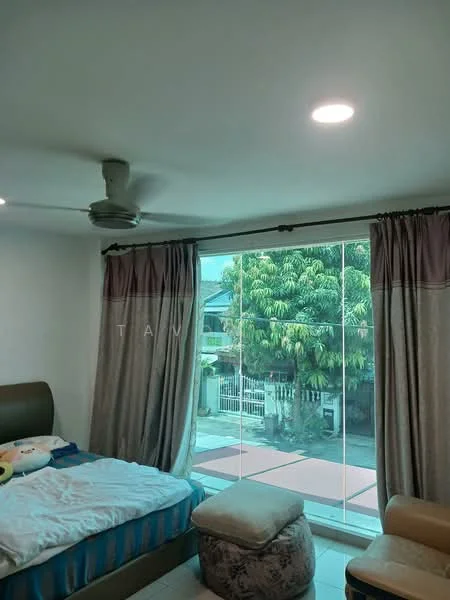 Bedroom features: queen-size bed, upholstered headboard, bedside lamps, floor-to-ceiling windows, sheer curtains, recessed downlights, ceiling fan, decorative ottoman, light-colored walls, tile flooring; style: modern; view: garden.