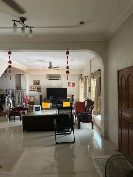 Living features: white painted walls, glossy tile flooring, tray ceiling with recessed lighting, 5-blade ceiling fan, wall-mounted TV, wooden TV console, green fabric sofa, 2 red upholstered armchairs, coffee table, decorative wall art, curtains, decorative lanterns; style: contemporary. Room features: wooden door, arched doorway, open layout.