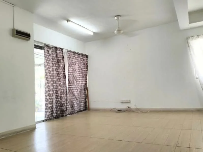 Living features: white painted walls, laminate flooring, ceiling fan, sliding glass door, sheer curtains, natural light from window, light fixtures on ceiling, open layout; view: garden.
