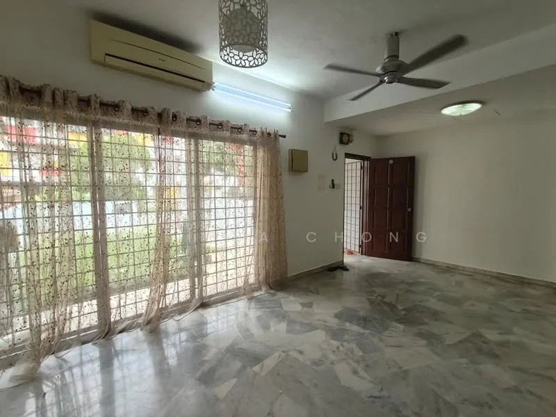 Living features: marble flooring, white painted walls, 5-blade ceiling fan, recessed lighting, floor-to-ceiling windows, sheer curtains, sliding glass door, door leading outside; style: modern; view: garden.
