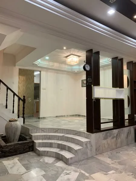 Room features: marble flooring, white painted walls, tray ceiling with recessed lighting, chandelier, wooden staircase, decorative wall paneling, built-in shelving unit, clock on wall, steps leading to another area, large decorative vase, open layout; style: modern.