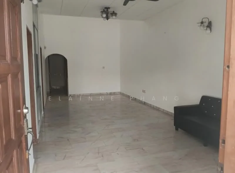 Living features: white painted walls, marble tile flooring, ceiling fan, 2 wall sconces, arched doorway, black fabric sofa, large entrance door, neutral decor; style: minimalist.