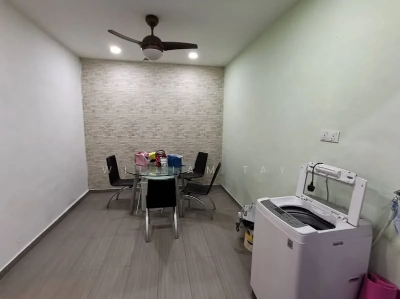 Room features: grey tiled flooring, white painted walls, accent wall with stone cladding, ceiling fan with light, 4-seater dining table, black dining chairs, washing machine, recessed lighting; style: modern.