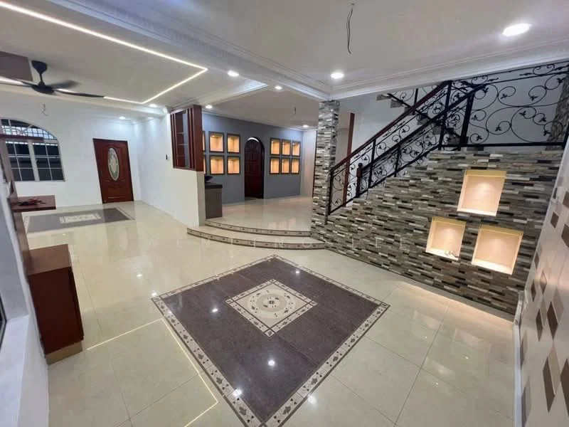 Living features: polished ceramic tile flooring, white painted walls, decorative stone feature wall, staircase with wrought iron railing, recessed LED downlights, ceiling fan, built-in display niches, large windows for natural light, decorative tile inlay in flooring, open layout to adjacent rooms; style: modern.