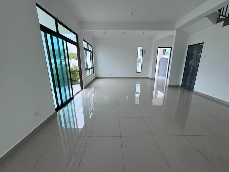 Room features: white painted walls, glossy ceramic tile flooring, large floor-to-ceiling windows, sliding glass door, natural light flooding in, open layout, high ceiling, minimalist design; style: modern; view: garden.
