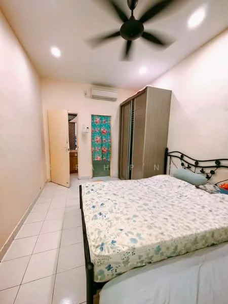 Bedroom features: queen-size bed, metal bed frame, upholstered headboard, built-in wardrobe with sliding doors, wall-mounted split AC, ceiling fan, white painted walls, tile flooring, decorative wall art, door leading to hallway; style: modern.