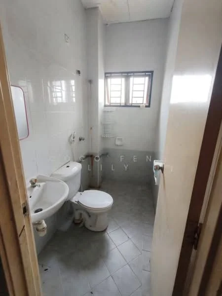 Bathroom features: white tiled walls, grey floor tiles, single-sink vanity, one-piece toilet, bidet spray, framed mirror, window with metal grille, shower area.