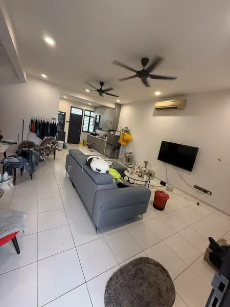 Living features: grey fabric sofa, 2 ceiling fans, wall-mounted TV, white tiled flooring, recessed lighting, air conditioning unit, decorative area rug, coffee table, clothes rack, open kitchen layout, kitchen counter, dining table, various household items; style: modern.
