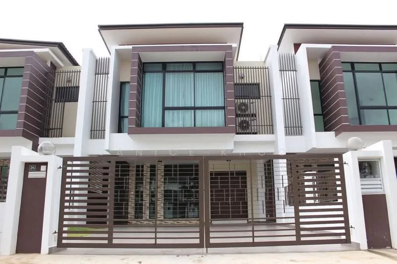 Exterior type: linked terrace house; features: white painted facade, brown accent panels, glass windows, horizontal slats on facade, visible air conditioning units, gated entrance, manicured lawn, two-storey structure; style: modern.