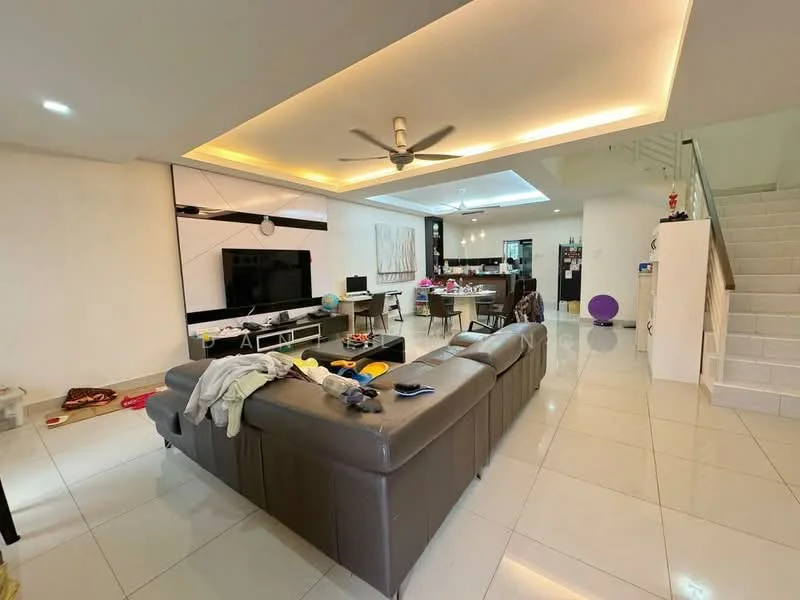 Living features: grey leather sectional sofa, coffee table, wall-mounted TV, recessed downlights, ceiling fan, white painted walls, glossy tile flooring, open-plan layout, decorative wall art, staircase leading to upper floor; style: modern. Dining features: dining table with chairs, kitchen area visible in background, open-plan layout; style: modern.