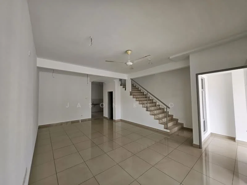 Living features: white painted walls, glossy beige tile flooring, 5-blade ceiling fan, staircase with wooden steps, large windows with natural light, open layout, no visible furniture, neutral color scheme; style: modern. Kitchen features: open access to living area, unknown cabinetry, unknown appliances, unknown countertop.