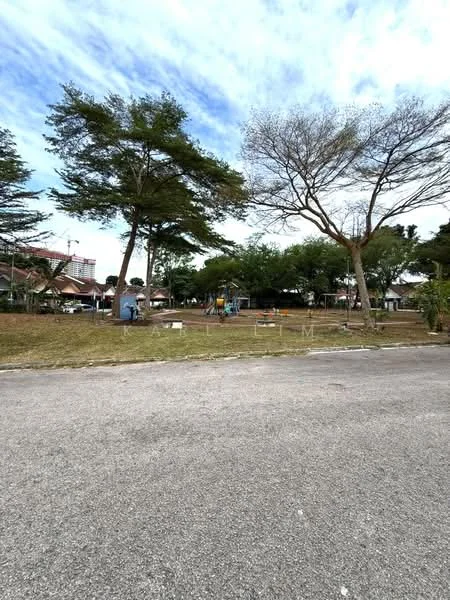 Exterior type: landscape garden; features: manicured lawn, mature trees, children's playground, paved walkway, open green space, surrounded by residential buildings; style: modern.