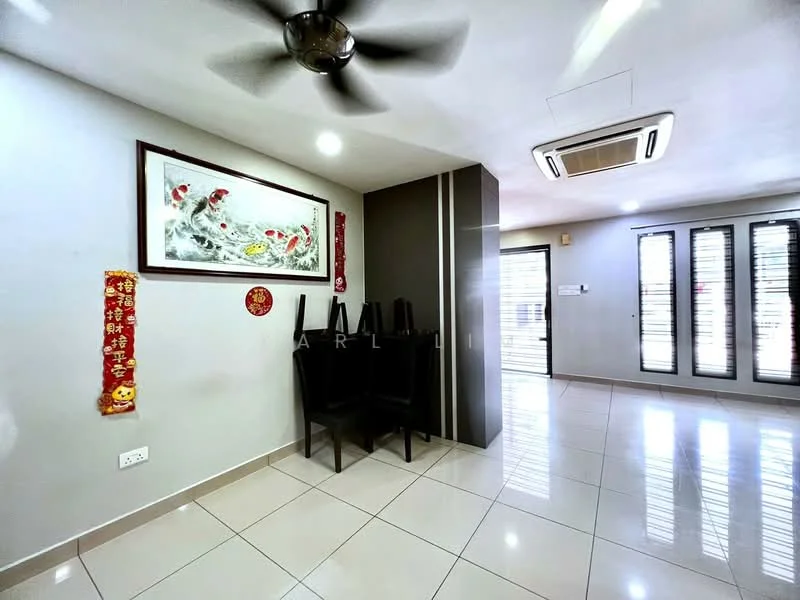Living features: white painted walls, glossy ceramic tile flooring, 5-blade ceiling fan with light, wall-mounted air conditioning unit, framed artwork on wall, decorative wall hangings, sliding glass door, window with blinds; style: modern.