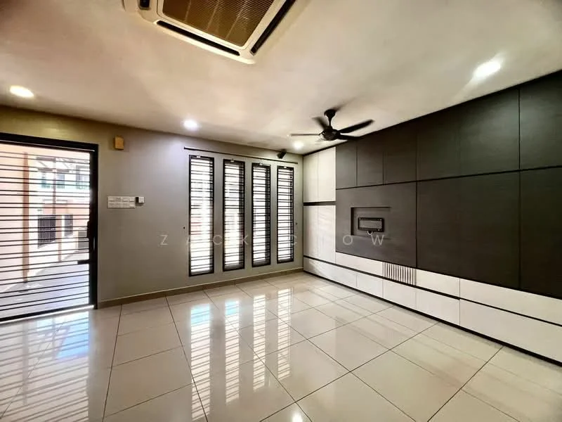 Living features: white tiled flooring, grey accent wall, black feature wall, built-in TV console, 5-blade ceiling fan, recessed LED downlights, floor-to-ceiling windows with horizontal slats, air conditioning unit, wall-mounted intercom, open layout, decorative wall paneling; style: modern.