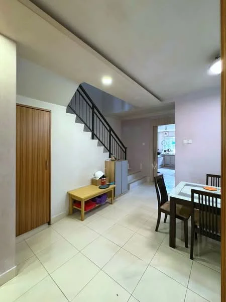 Room features: white painted walls, tile flooring, staircase with black railing, dining table with four chairs, wooden cabinet, open space layout, natural light from windows, neutral color scheme; style: modern.