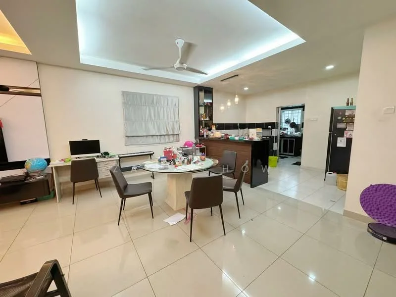 Living features: white painted walls, tile flooring, recessed downlights, 5-blade ceiling fan, dining table with chairs, TV console, computer desk, kitchenette with black cabinetry, stainless-steel fridge, open layout, decorative items on table; style: modern.