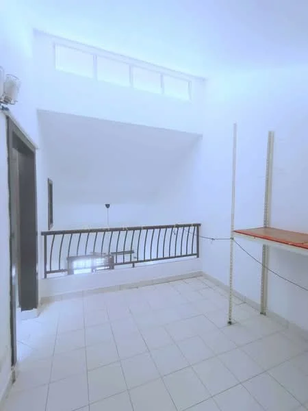 Room features: white painted walls, tile flooring, railing with wooden handrail, shelf mounted on wall, large windows for natural light, high ceiling, light fixture on ceiling; style: minimalist.
