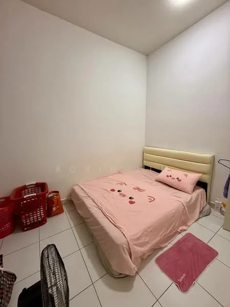 Bedroom features: queen-size bed with upholstered headboard, pink bedspread with decorative pillows, white painted walls, white ceiling, tile flooring, nightstand, basket storage, floor fan, pink area rug.